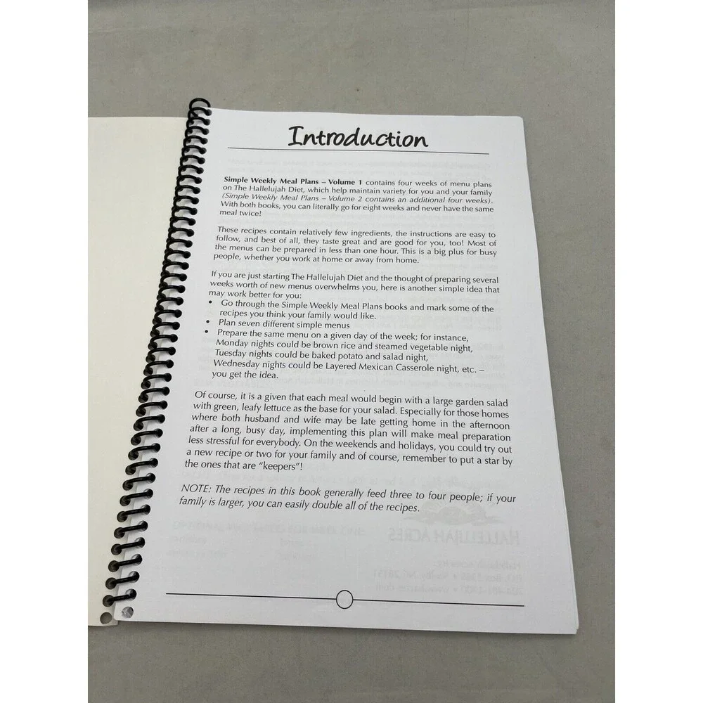 Hallelujah Simple Weekly Meal Plans Volume 1 Spiral Book Menus Recipes Cookbook